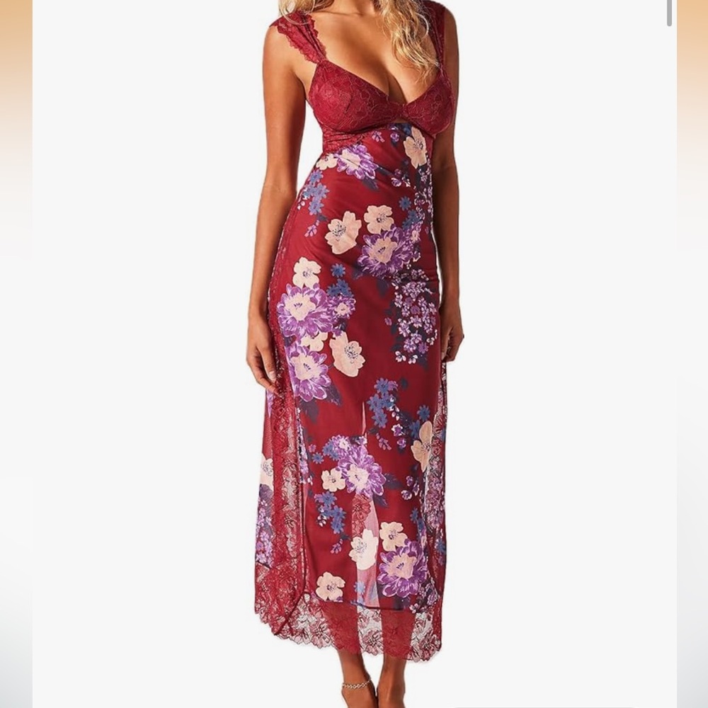 Lace Slip Midi Dress Backless Lace Sleeve Floral Red